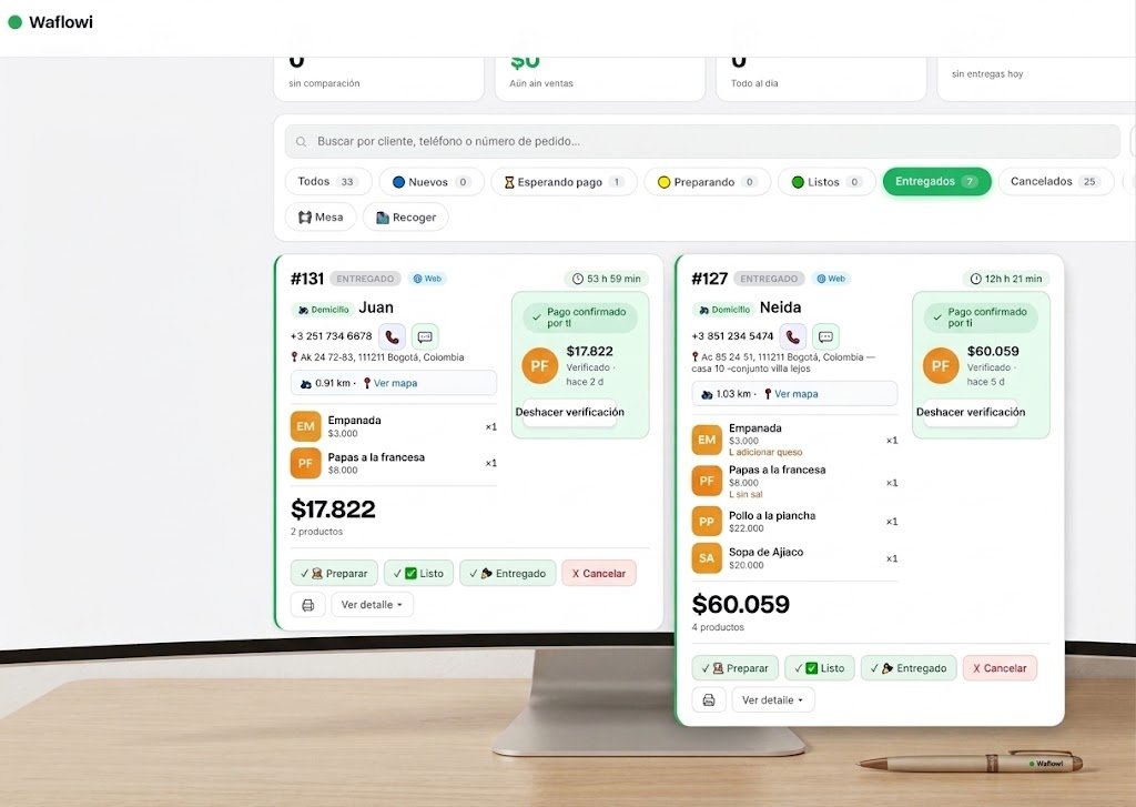 Panel de pedidos de Waflowi: pedidos por estado, productos, total en pesos y datos de entrega