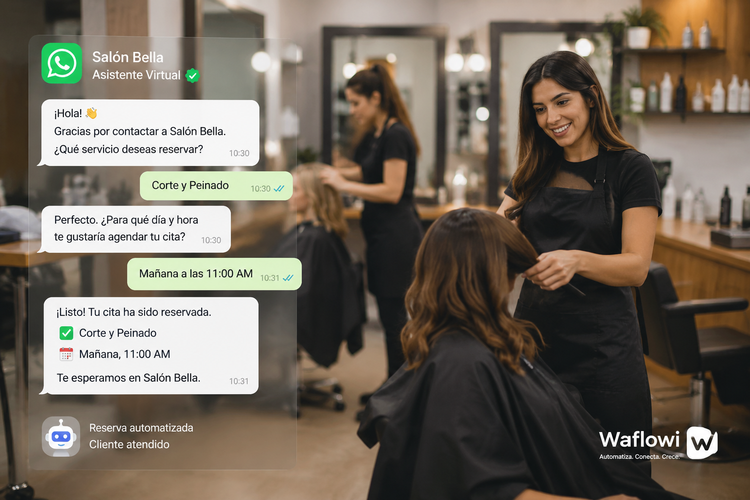 Asistente de Waflowi agendando una cita de Corte y Peinado por WhatsApp para un salón de belleza